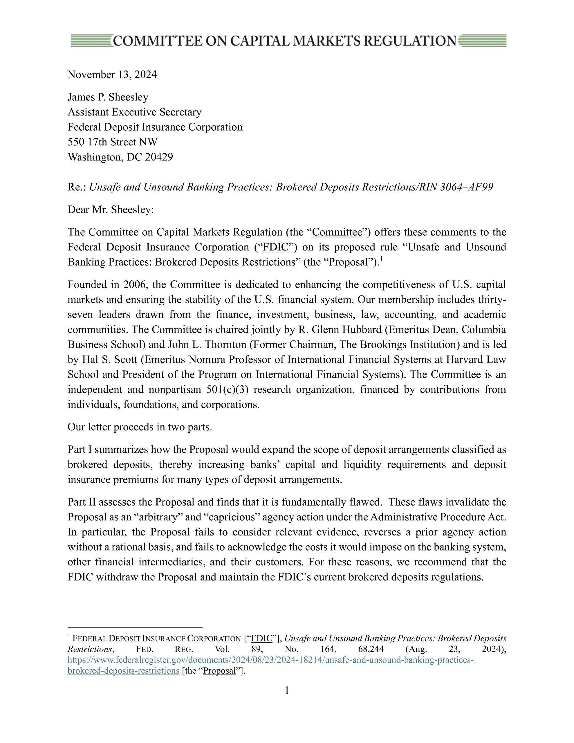 Comment Letter on the FDIC’s Brokered Deposits Proposal