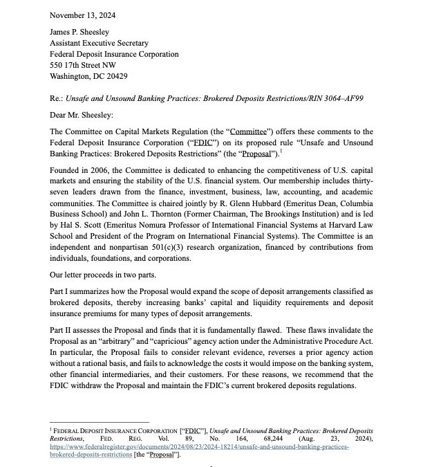 Comment Letter on the FDIC’s Brokered Deposits Proposal