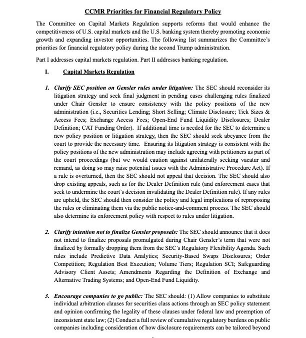 Report: CCMR Priorities for Financial Regulatory Policy