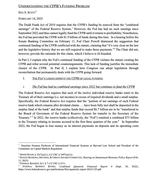 Hal Scott – Understanding the CFPB’s Funding Problem
