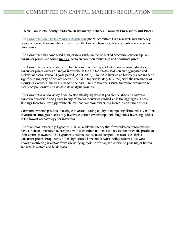 Statement: New Committee Study Finds No Relationship Between Common Ownership and Prices
