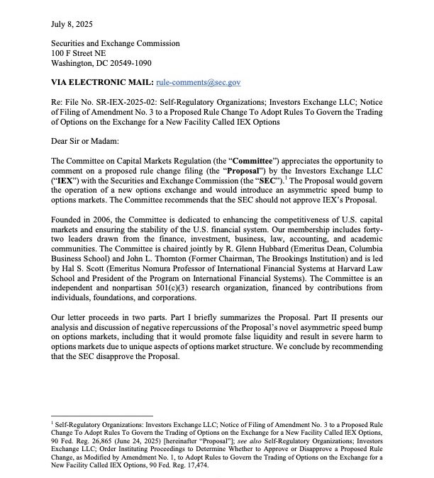 Comment Letter on the IEX Proposal for an Asymmetric Speed Bump in Options Markets