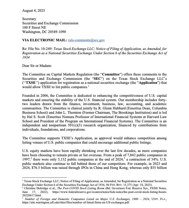 Comment Letter in Support of the TXSE’s Application for Registration as a National Securities Exchange