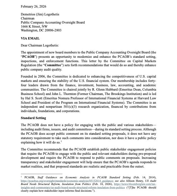 Letter on PCAOB Reforms