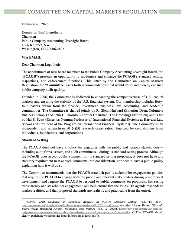 Letter on PCAOB Reforms
