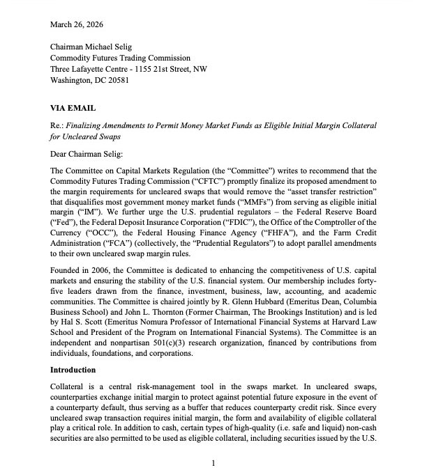 Letter to CFTC on Allowing Money Market Fund Shares as Uncleared Swap Collateral