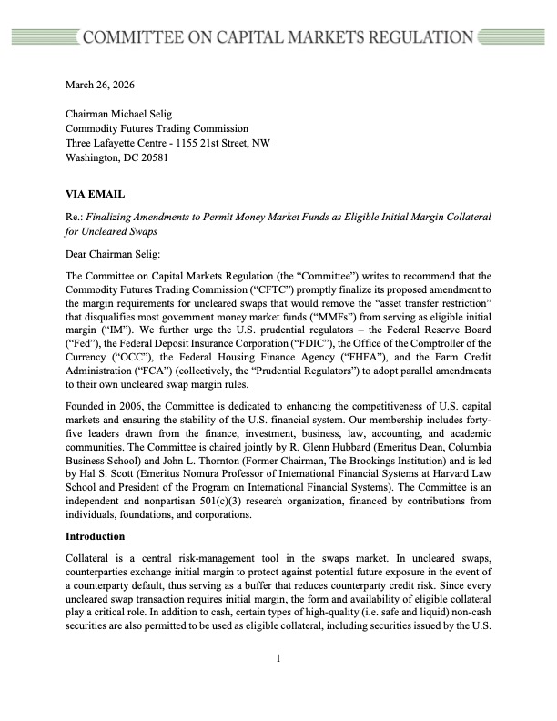 Letter to CFTC on Allowing Money Market Fund Shares as Uncleared Swap Collateral