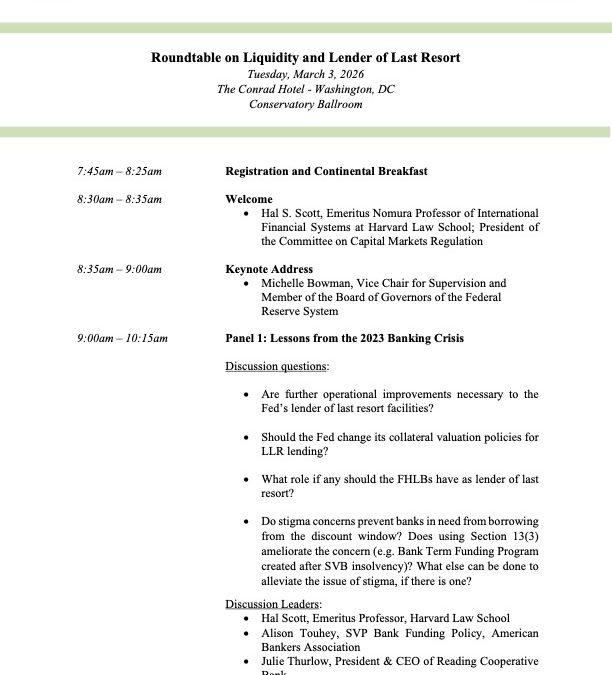 Committee Hosts Roundtable on Liquidity and Lender of Last Resort