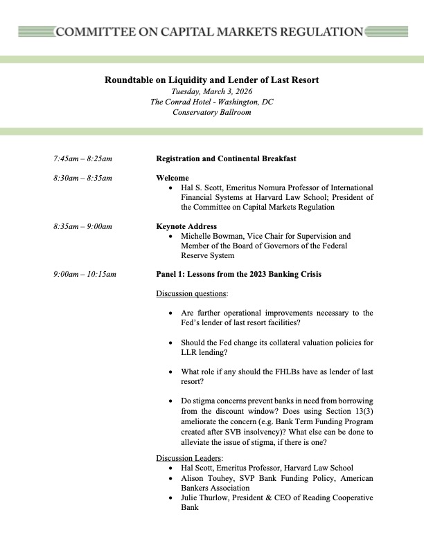 Committee Hosts Roundtable on Liquidity and Lender of Last Resort