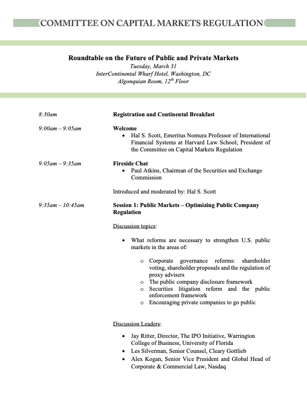 Committee Hosts Roundtable on the Future of Public and Private Markets