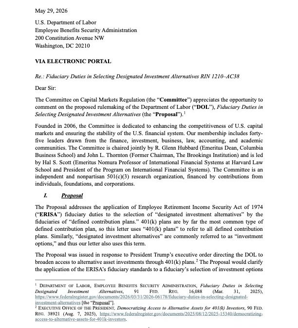 Letter to DOL on 401(k) Alternative Assets Safe Harbor