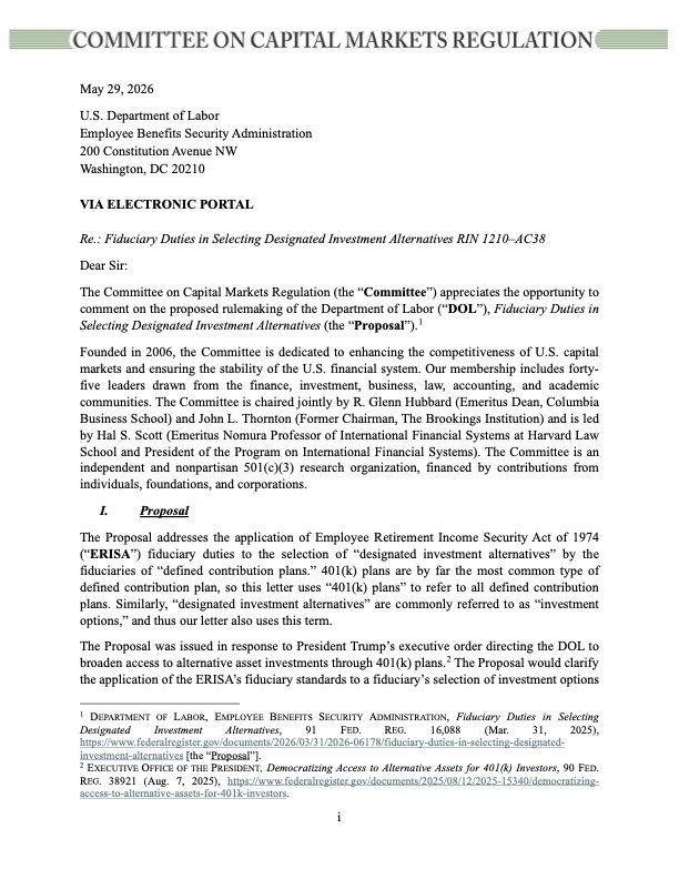 Letter to DOL on 401(k) Alternative Assets Safe Harbor
