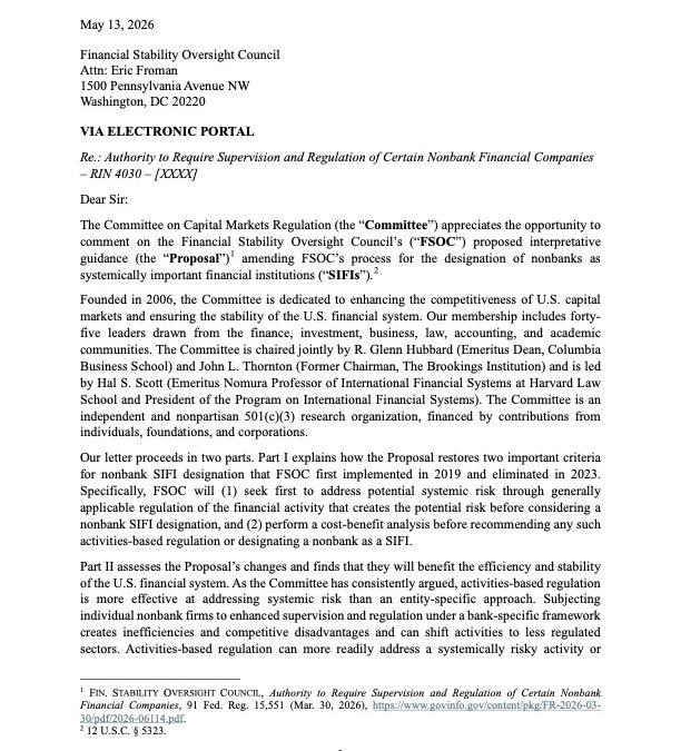 Letter to FSOC on Nonbank SIFI Designation