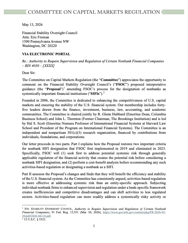Letter to FSOC on Nonbank SIFI Designation