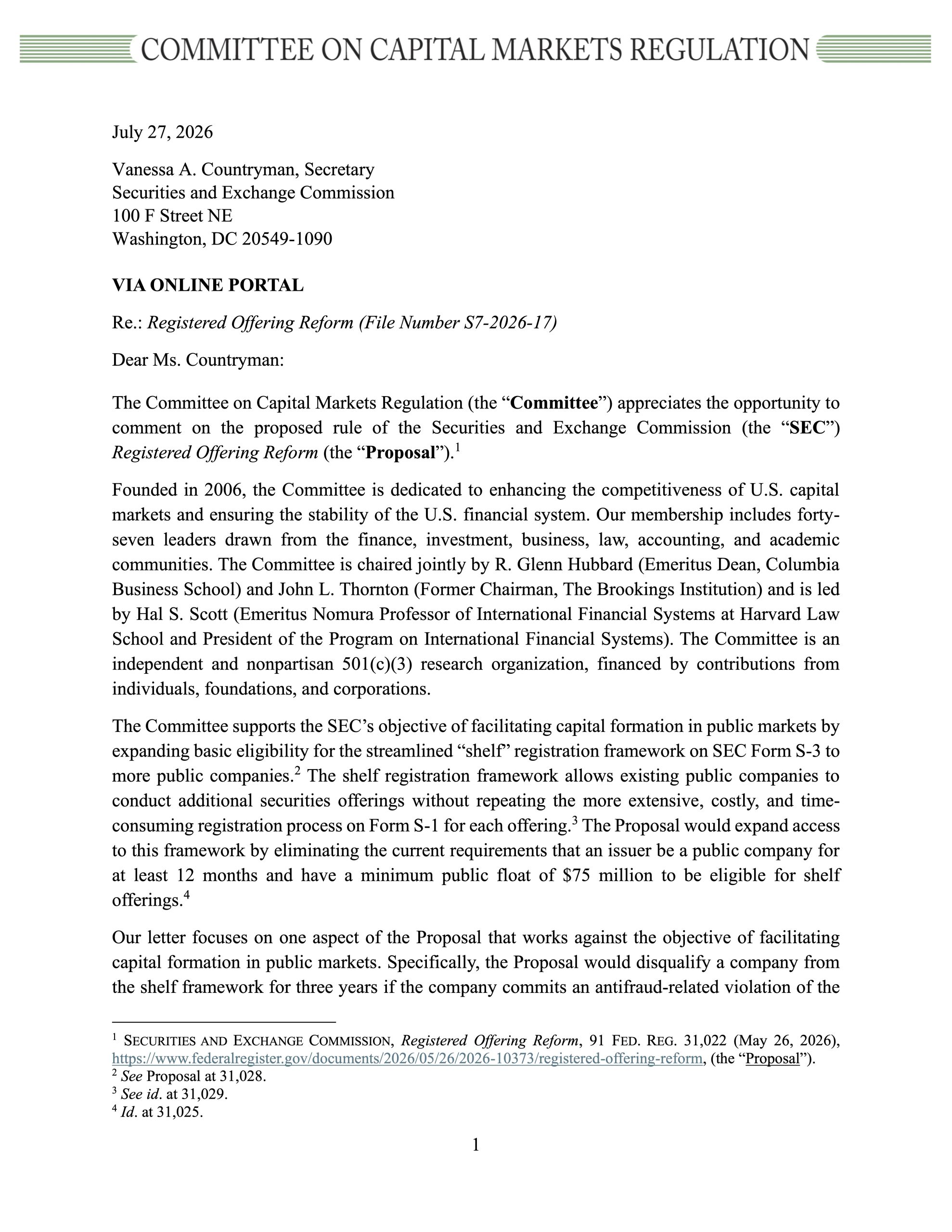 Comment Letter to SEC on Registered Offering Reform