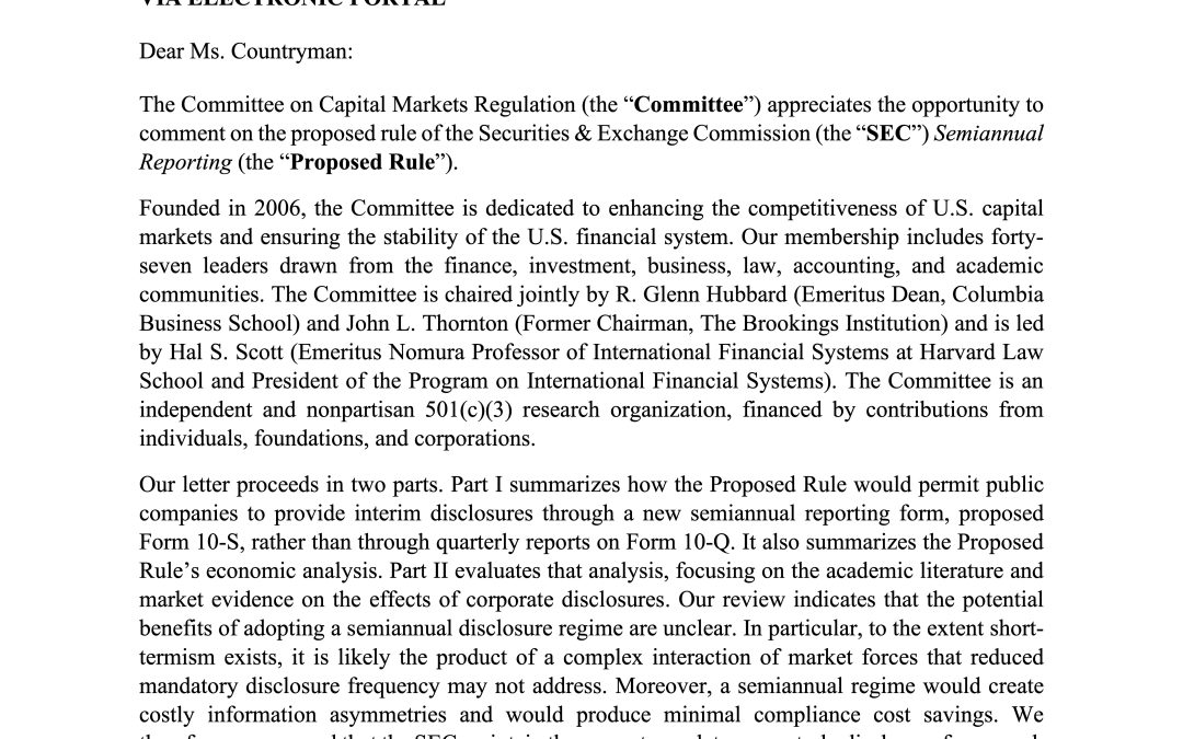 Comment Letter in Response to the SEC’s Semiannual Reporting Proposal
