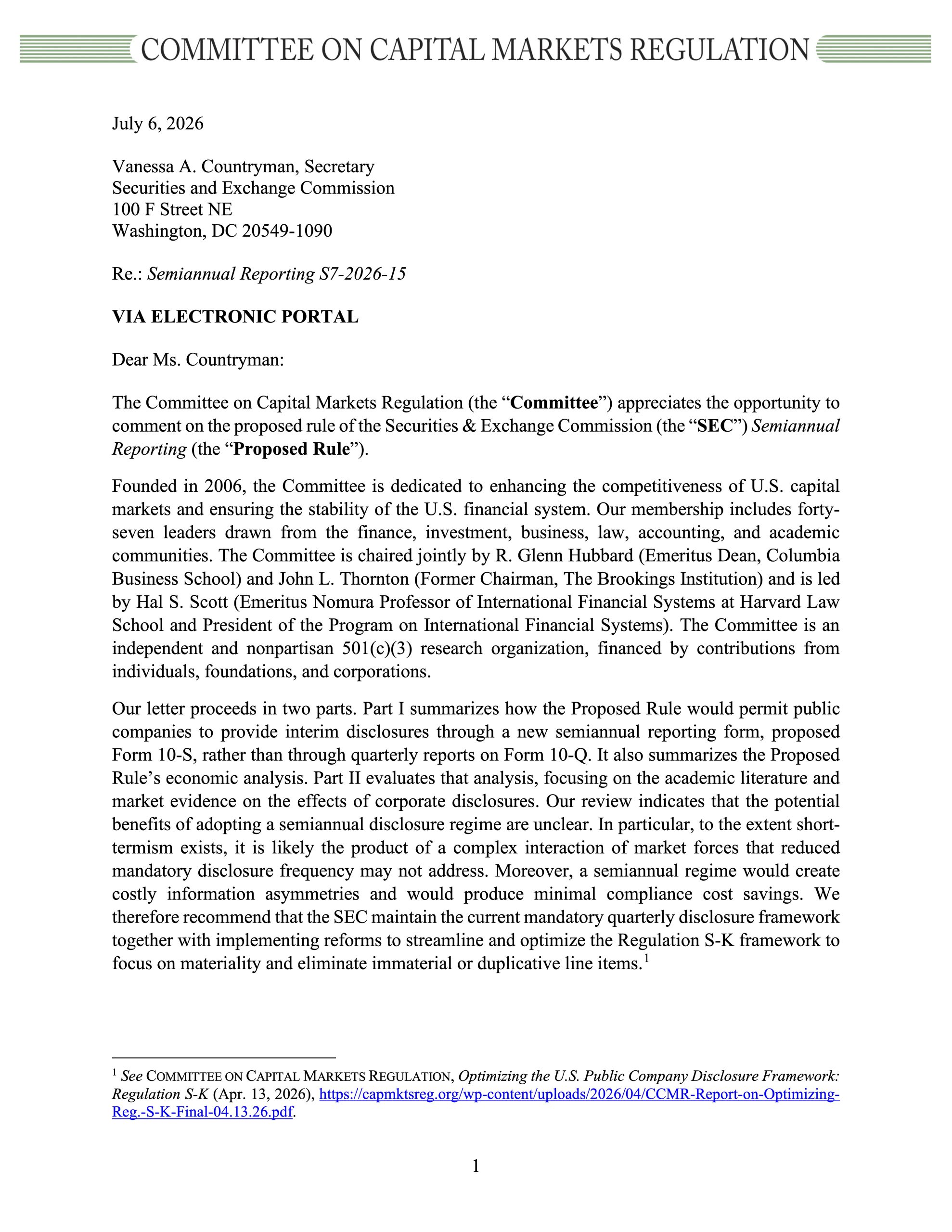Comment Letter in Response to the SEC’s Semiannual Reporting Proposal