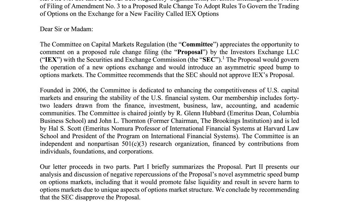 Comment Letter on the IEX Proposal for an Asymmetric Speed Bump in Options Markets