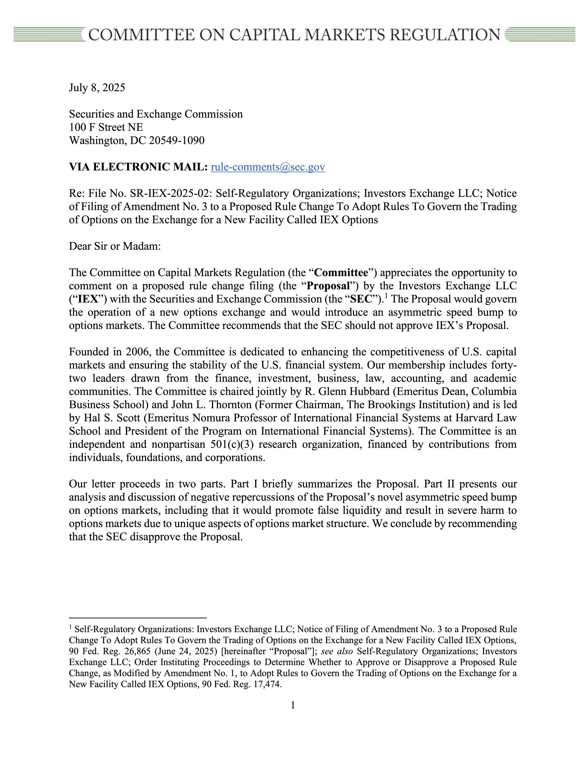Comment Letter on the IEX Proposal for an Asymmetric Speed Bump in Options Markets