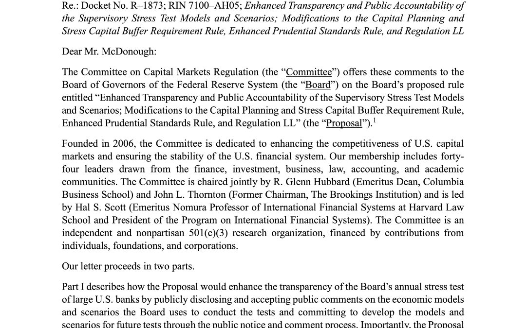 Comment Letter on the Fed’s Stress Test Proposal