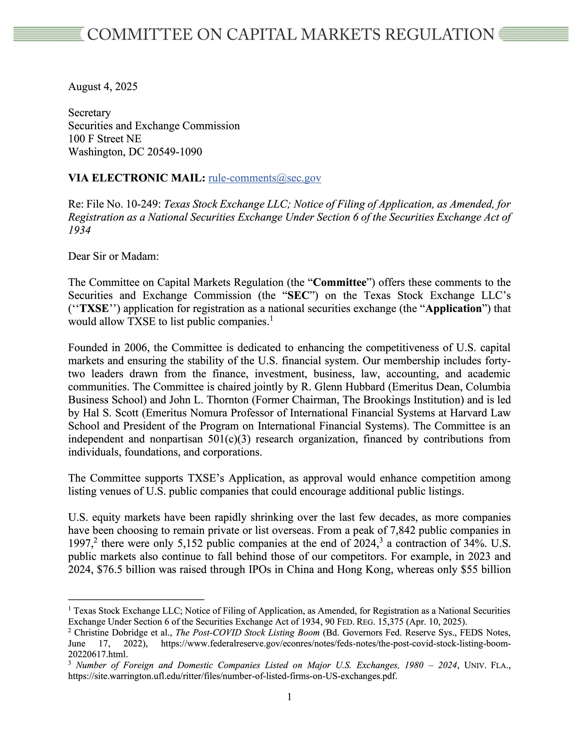 Comment Letter in Support of the TXSE’s Application for Registration as a National Securities Exchange