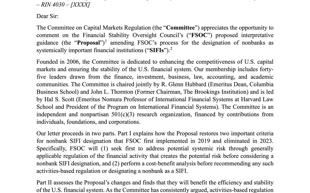 Letter to FSOC on Nonbank SIFI Designation