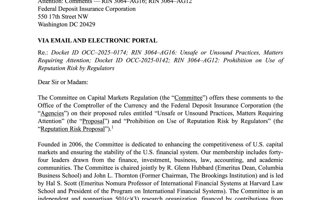 Comment Letter on the FDIC and OCC’s Bank Supervision and Enforcement Proposals
