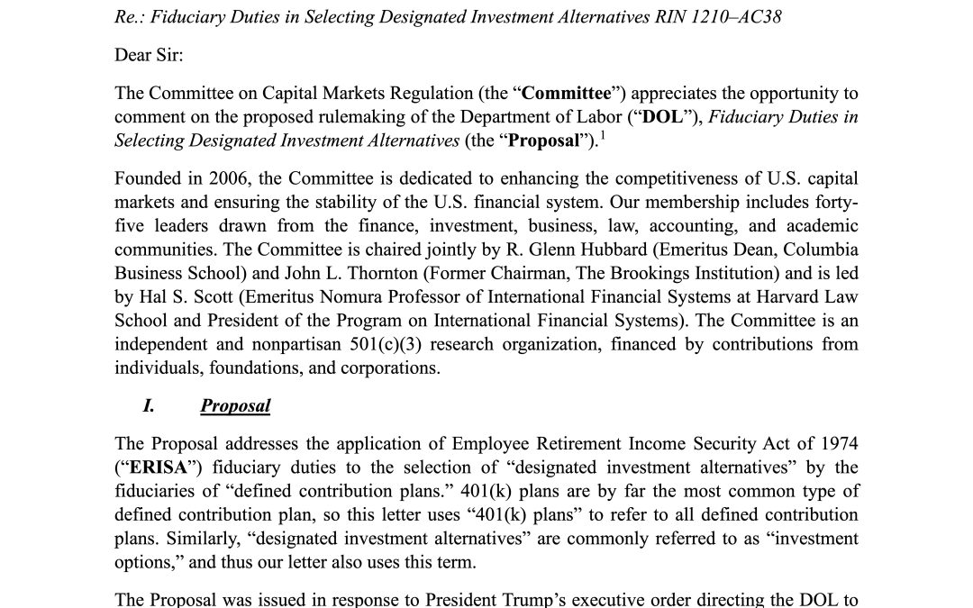 Letter to DOL on 401(k) Alternative Assets Safe Harbor