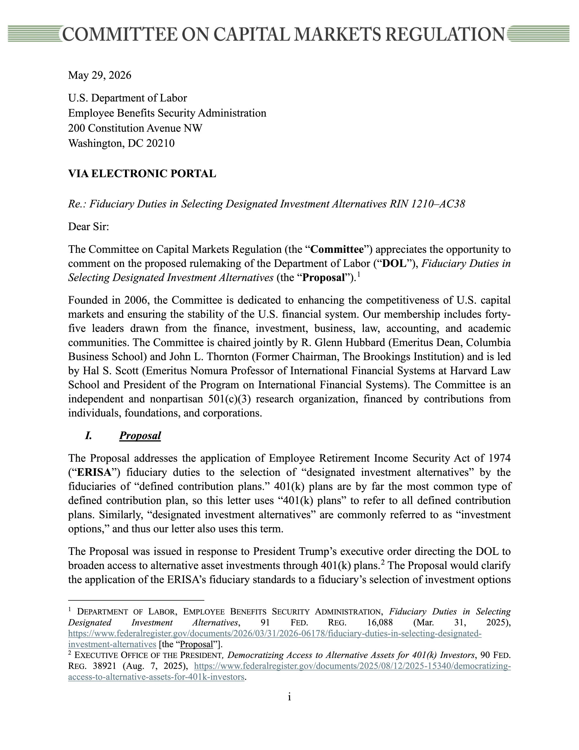 Letter to DOL on 401(k) Alternative Assets Safe Harbor