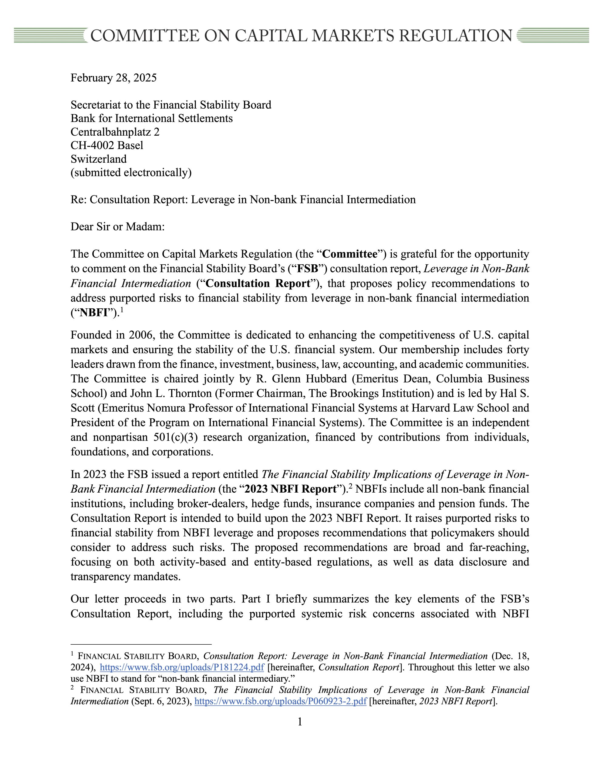 Comment Letter to Financial Stability Board on NBFI Leverage Consultation