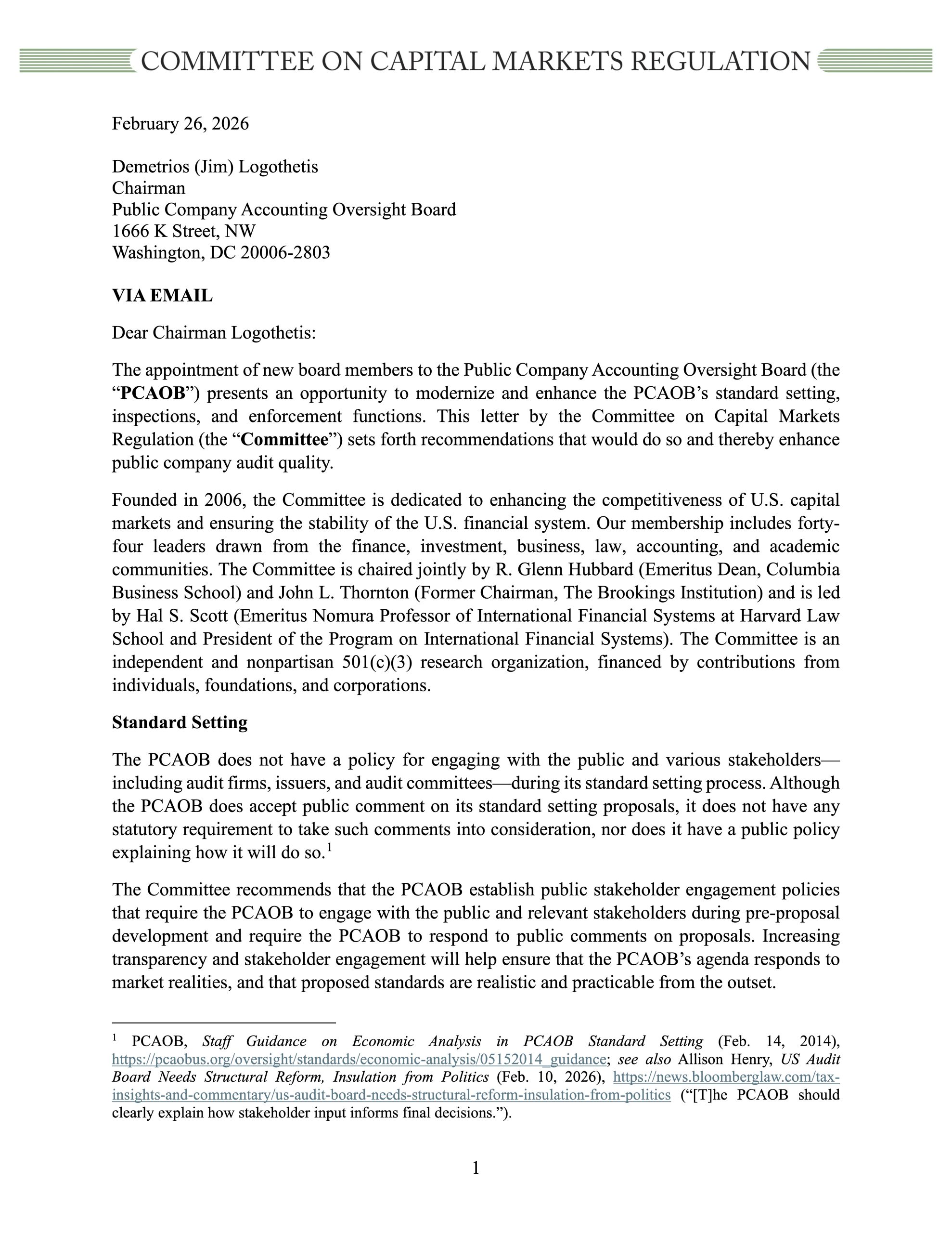 Letter on PCAOB Reforms