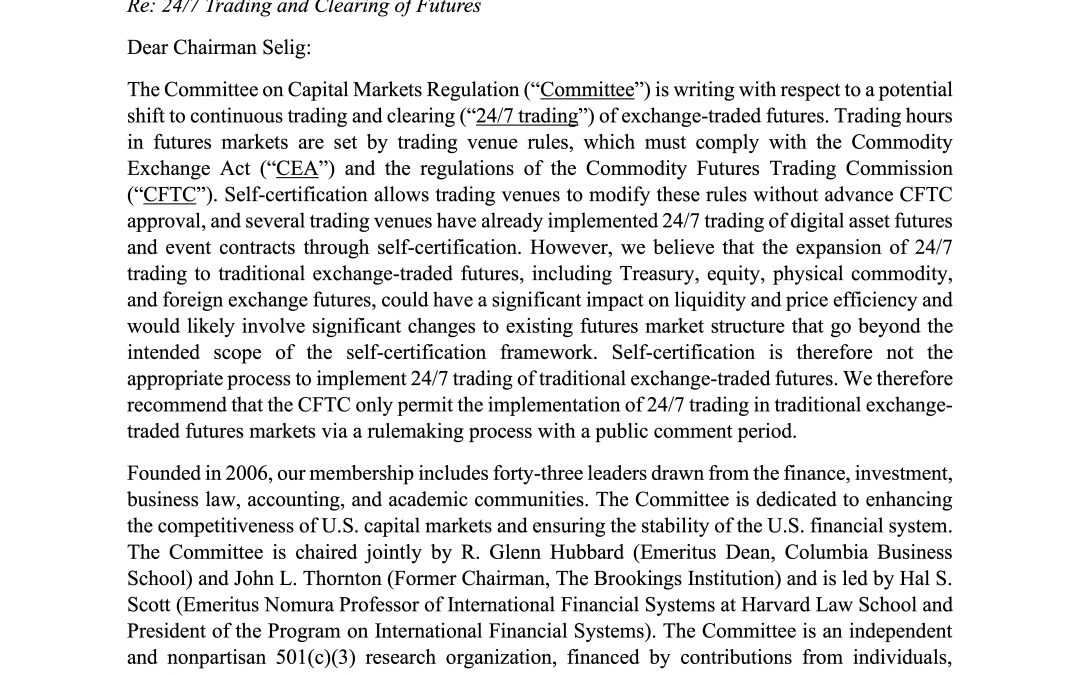 Letter to the CFTC on 24/7 Trading in Traditional Futures Markets 
