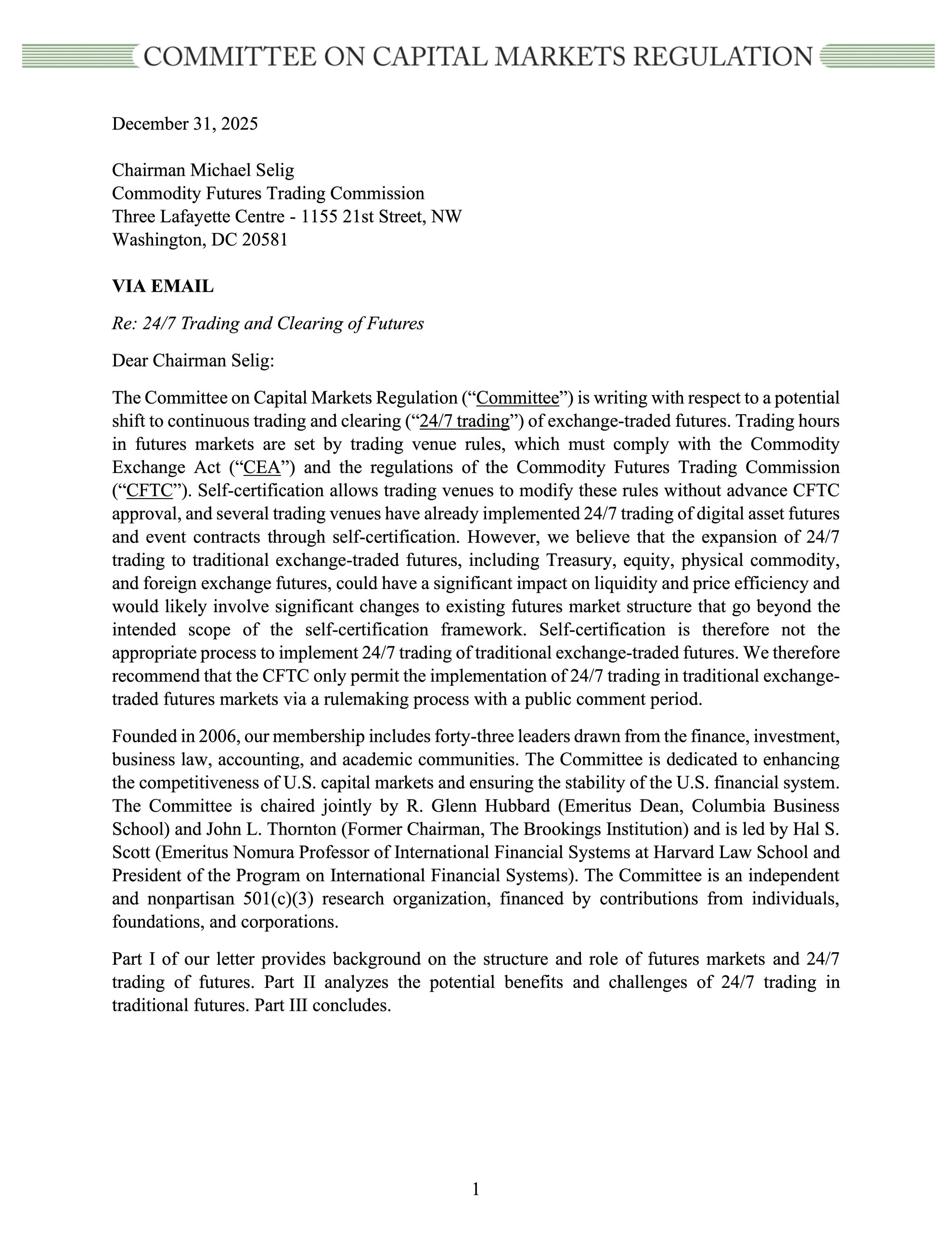 Letter to the CFTC on 24/7 Trading in Traditional Futures Markets 