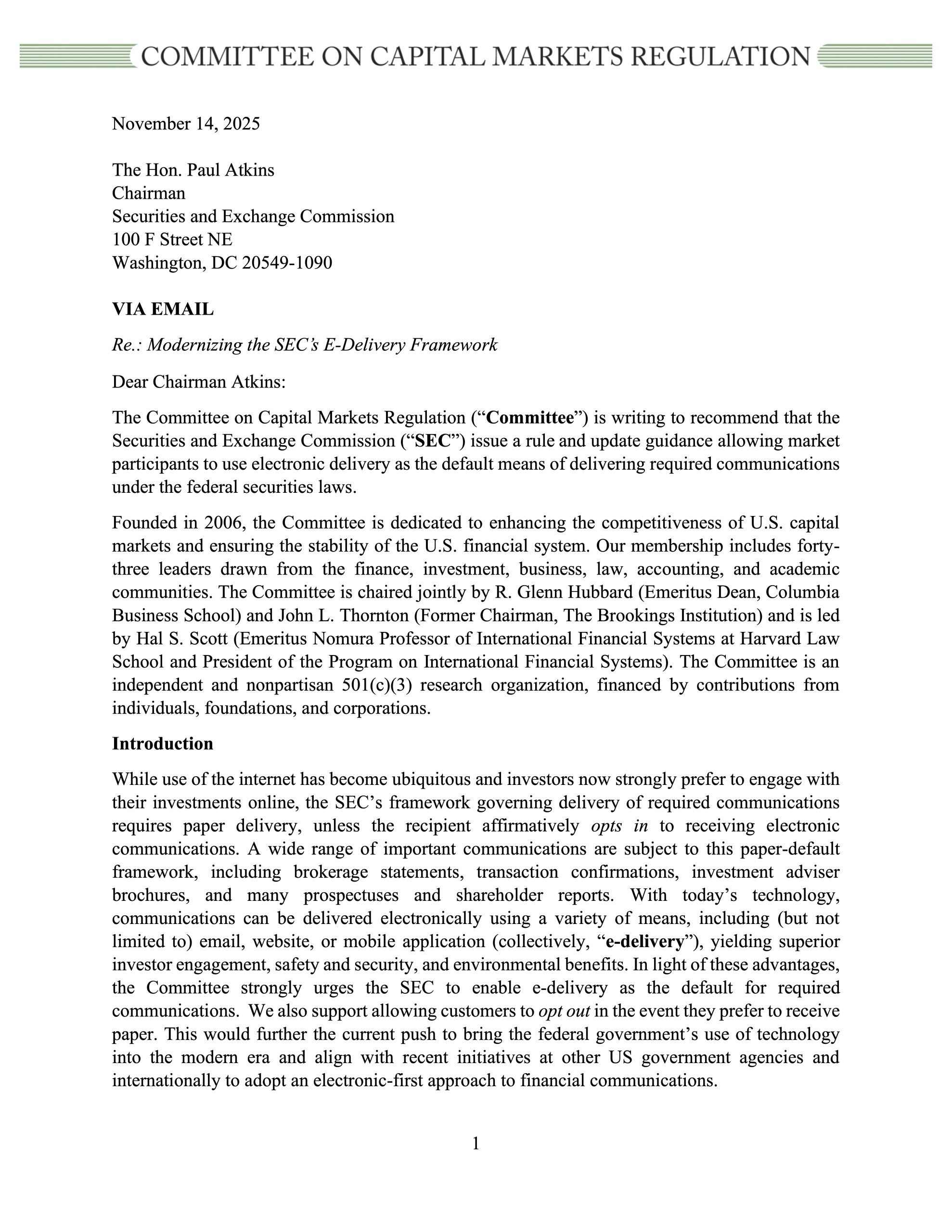 Letter to the SEC on E-Delivery