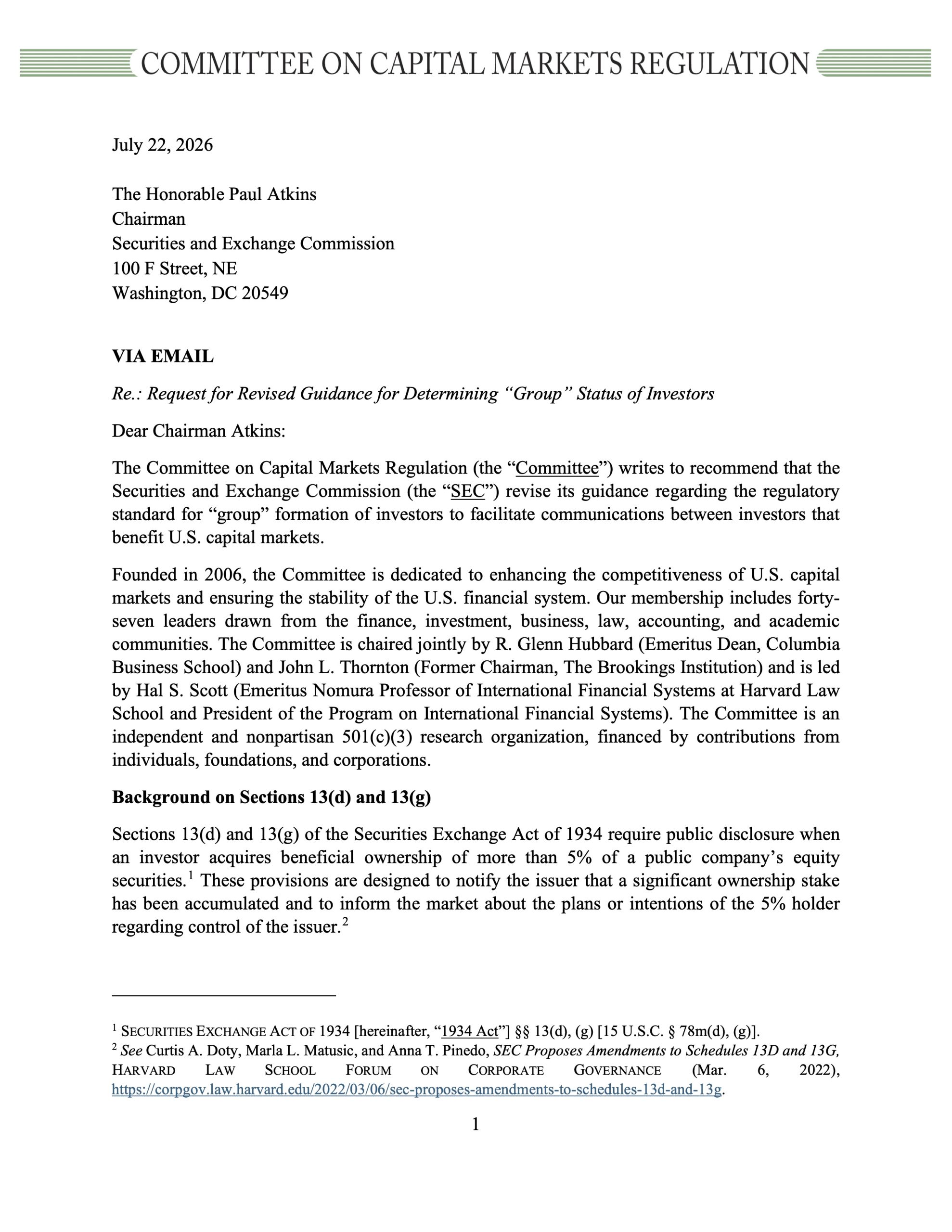 Letter to SEC on Investor “Group” Status