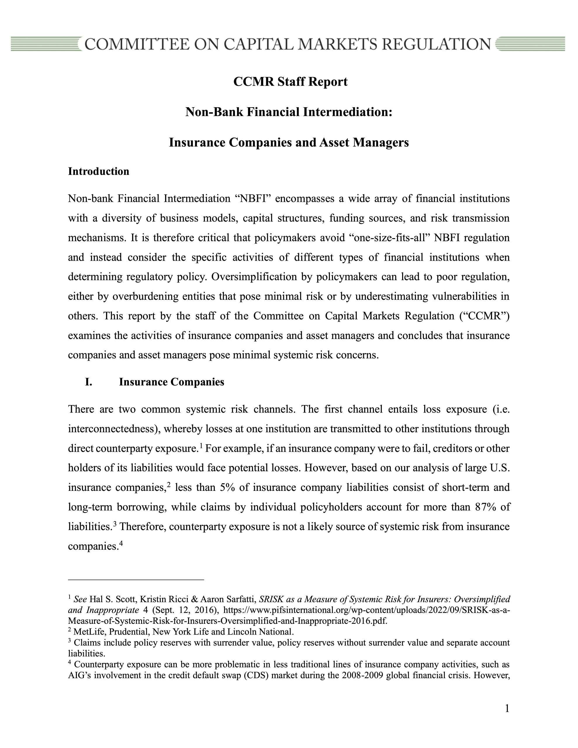CCMR Staff Report: Insurance Companies and Asset Managers