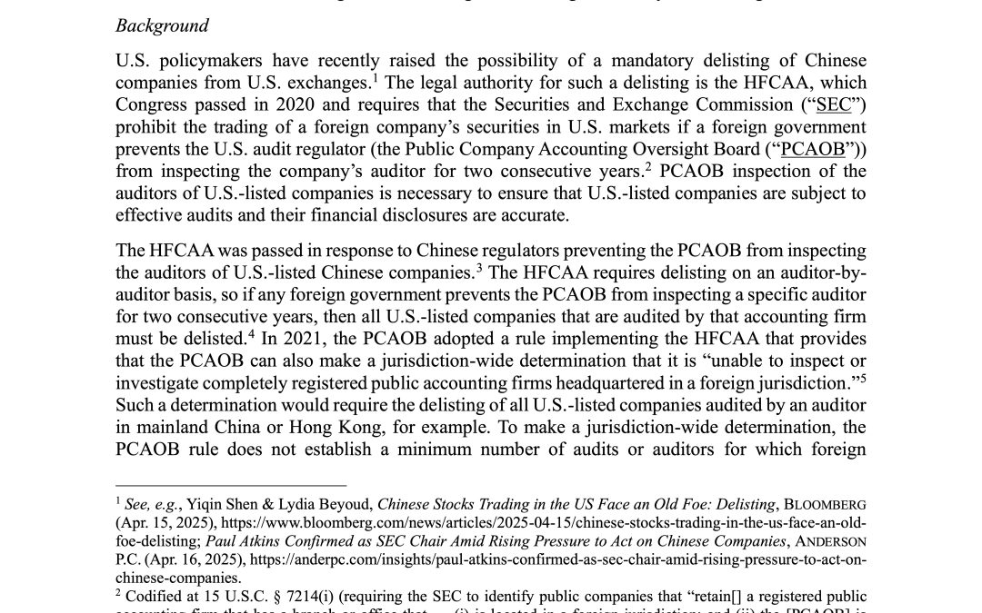 Statement on Potential Delisting of Chinese Companies