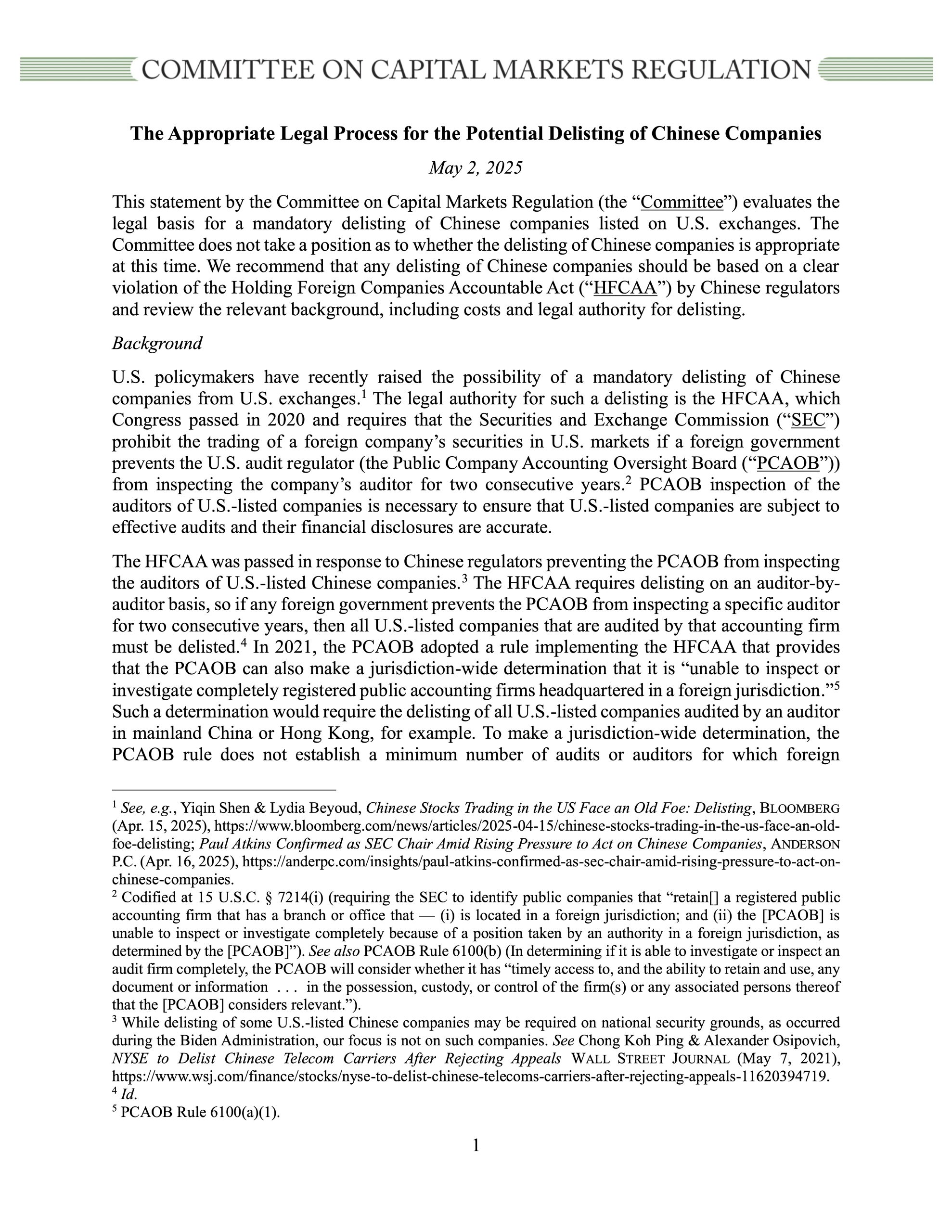 Statement on Potential Delisting of Chinese Companies