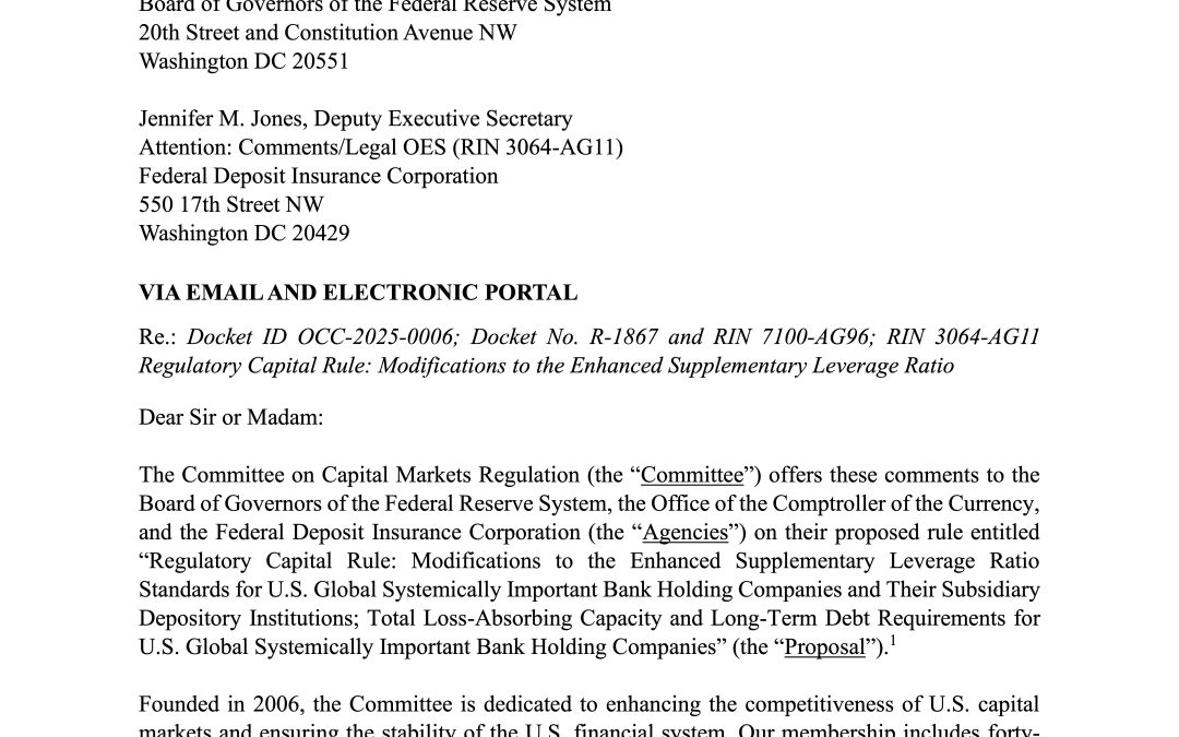 Committee Comment Letter on Banking Agencies’ Proposal to Modify the eSLR