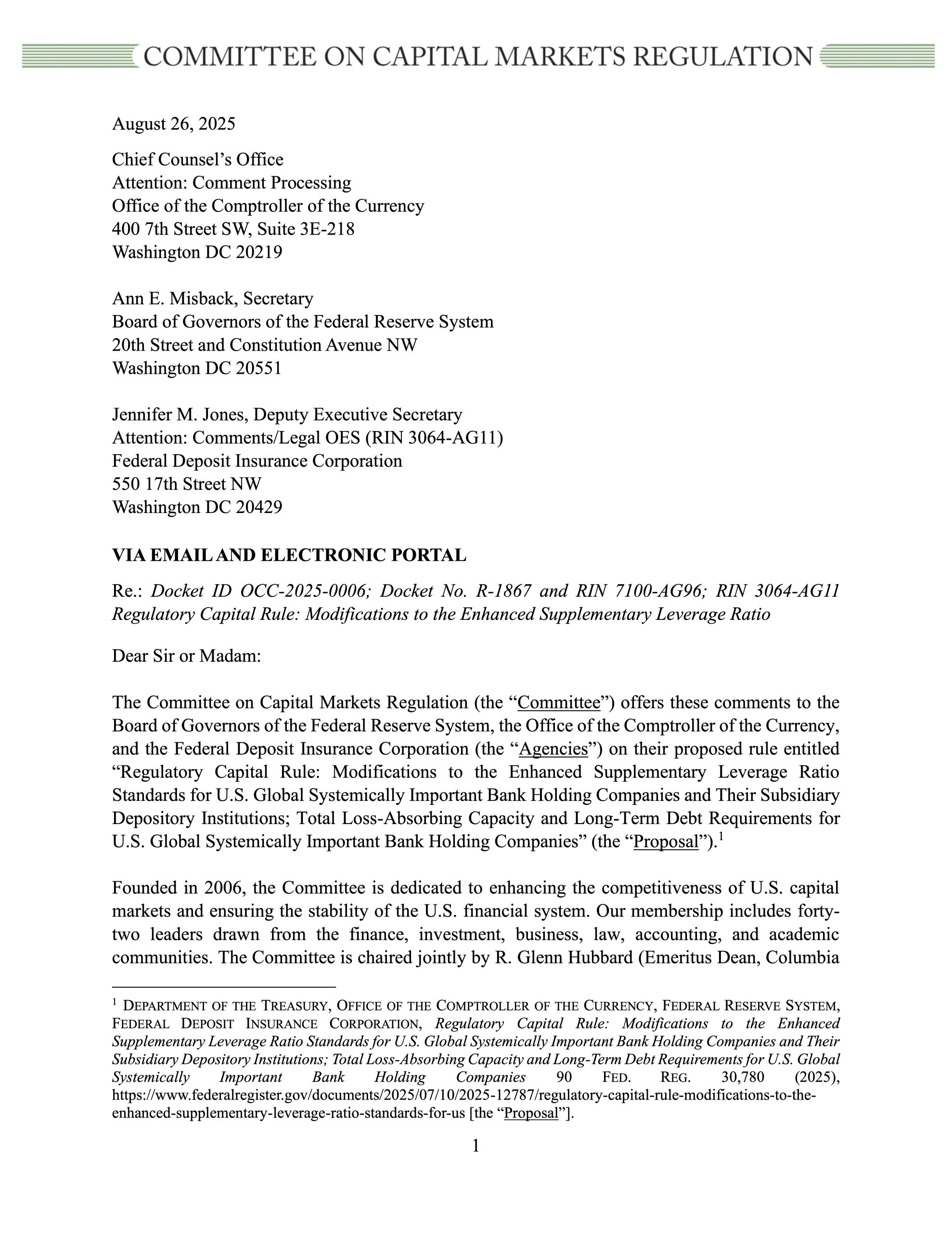 Committee Comment Letter on Banking Agencies’ Proposal to Modify the eSLR