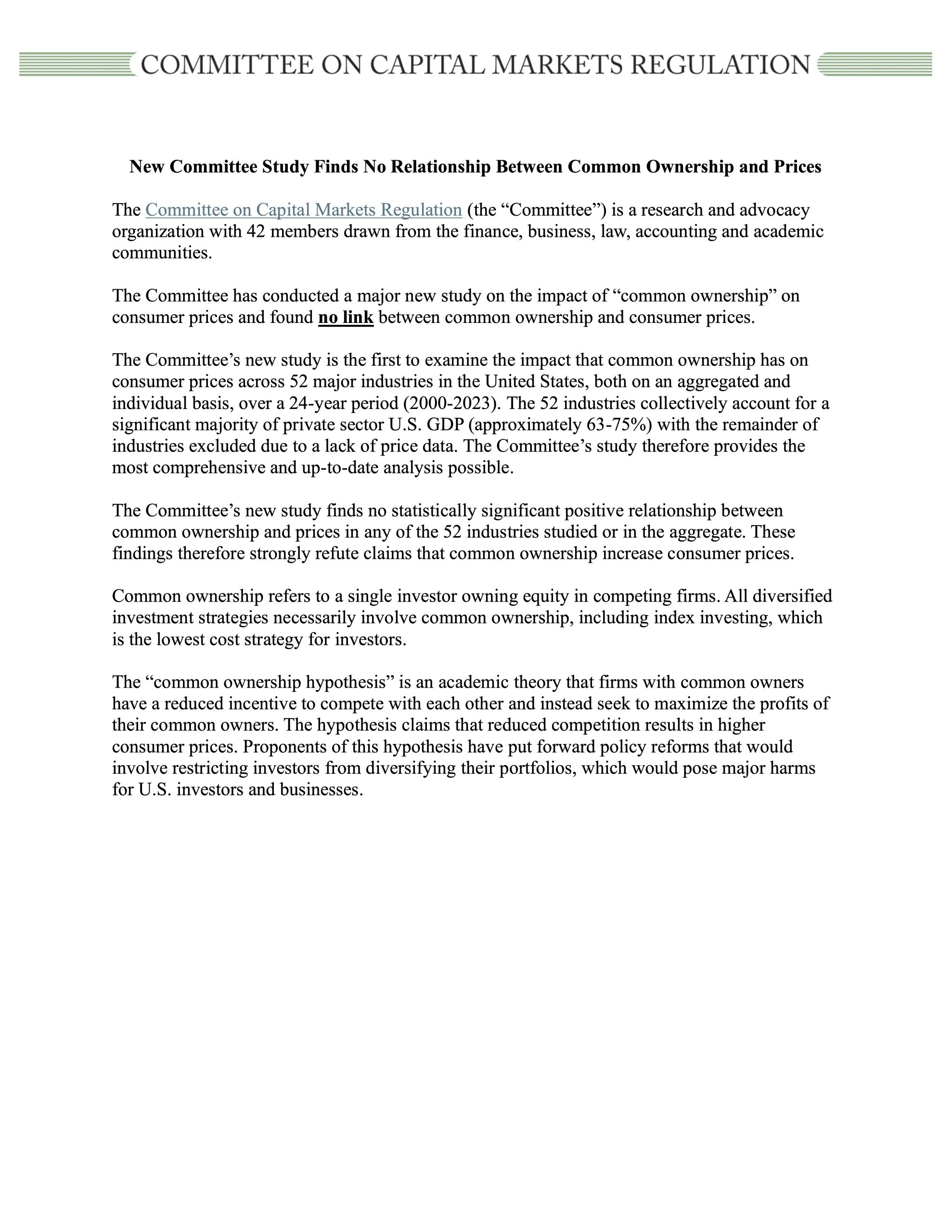 Statement: New Committee Study Finds No Relationship Between Common Ownership and Prices