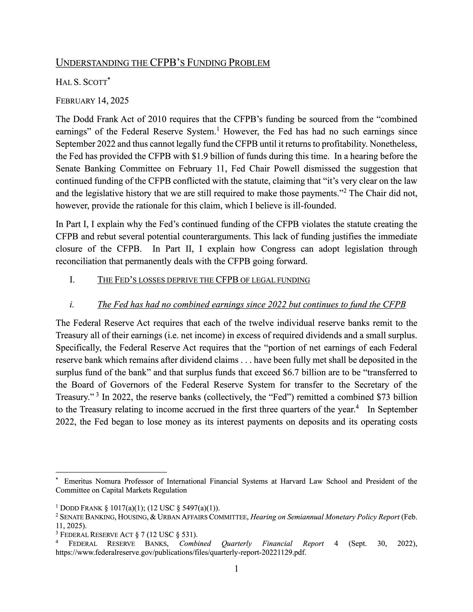 Hal Scott – Understanding the CFPB’s Funding Problem