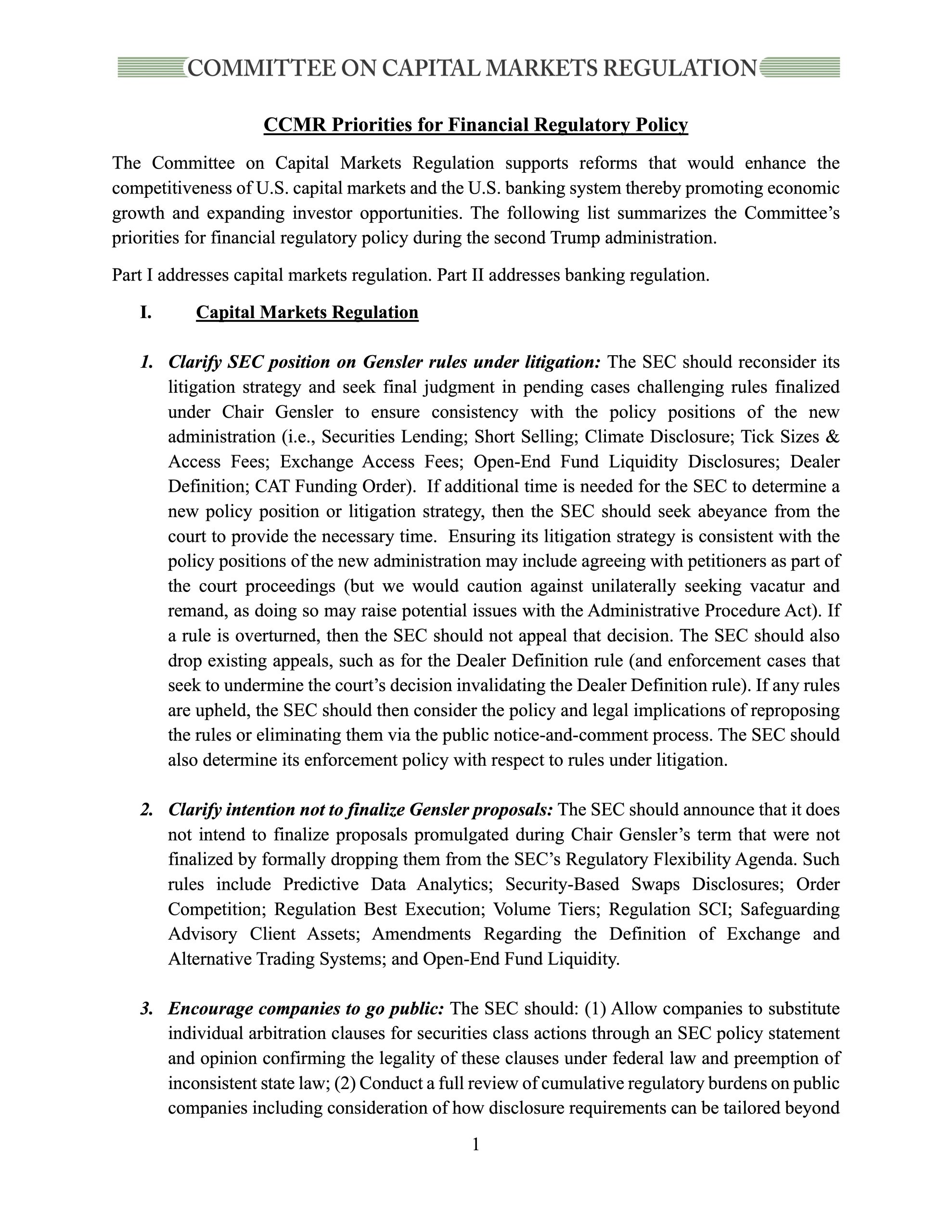 Report: CCMR Priorities for Financial Regulatory Policy