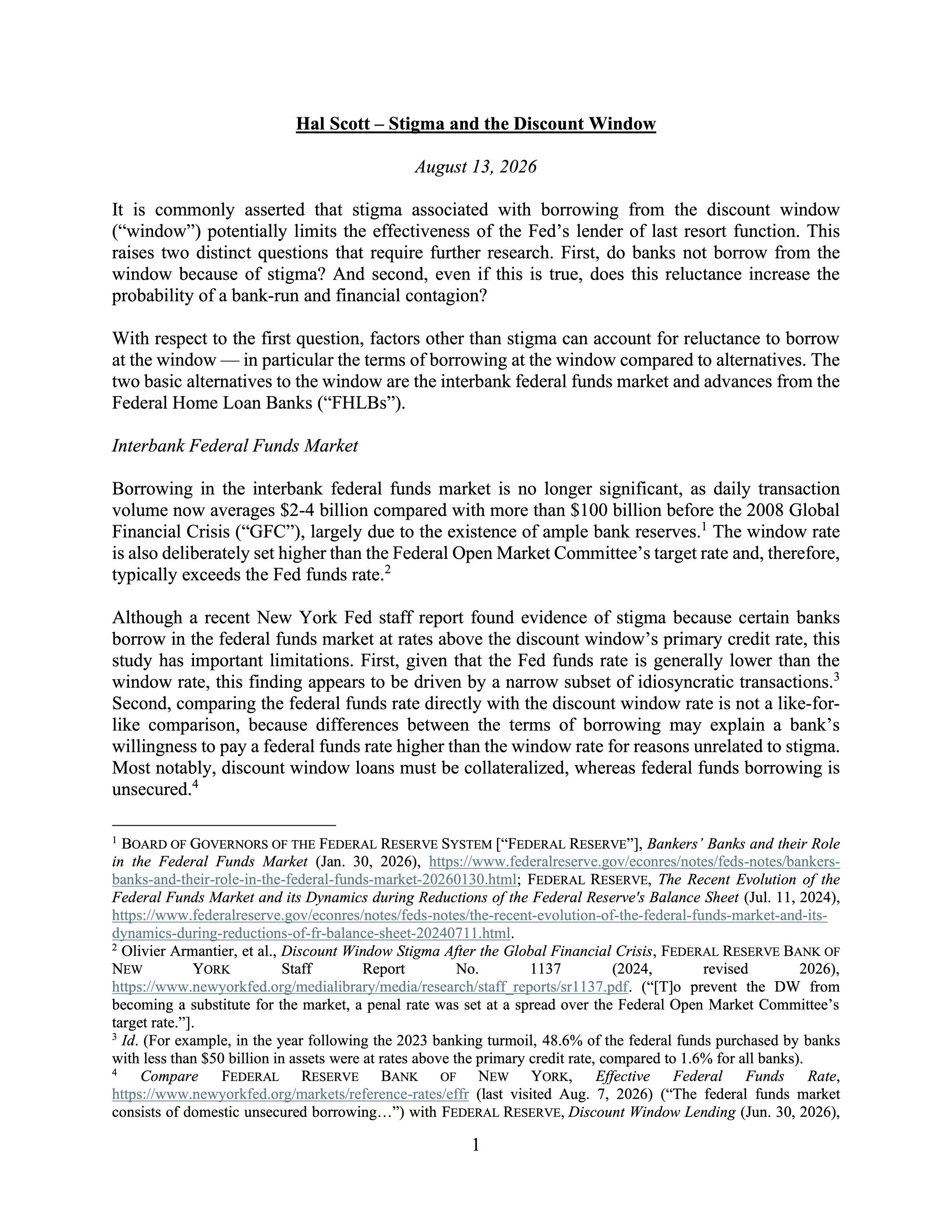 Hal Scott Statement on Stigma and the Discount Window