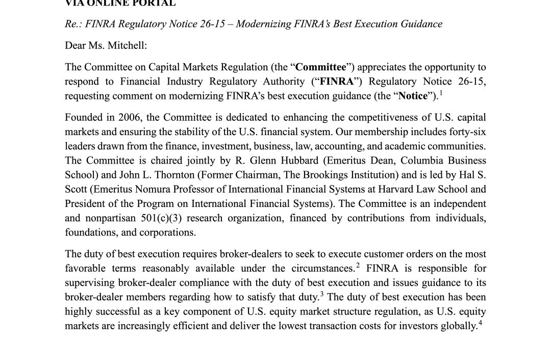 Comment Letter to FINRA on Best Execution Guidance