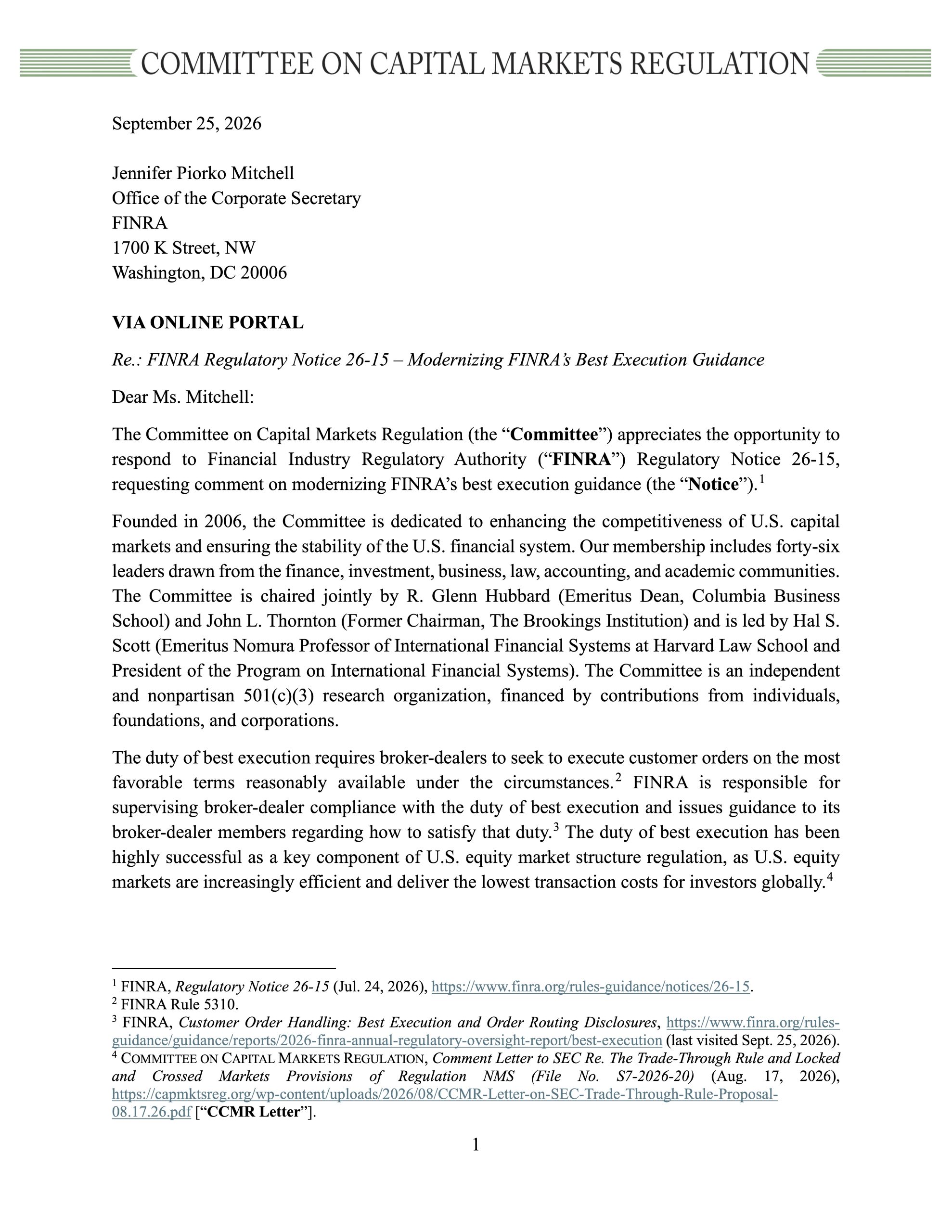Comment Letter to FINRA on Best Execution Guidance