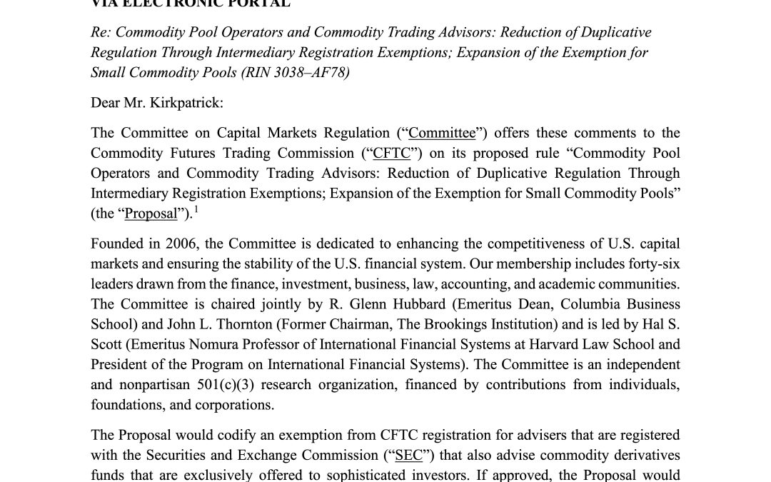 Comment Letter to CFTC on Proposal to End Dual Registration for Private Fund Advisers