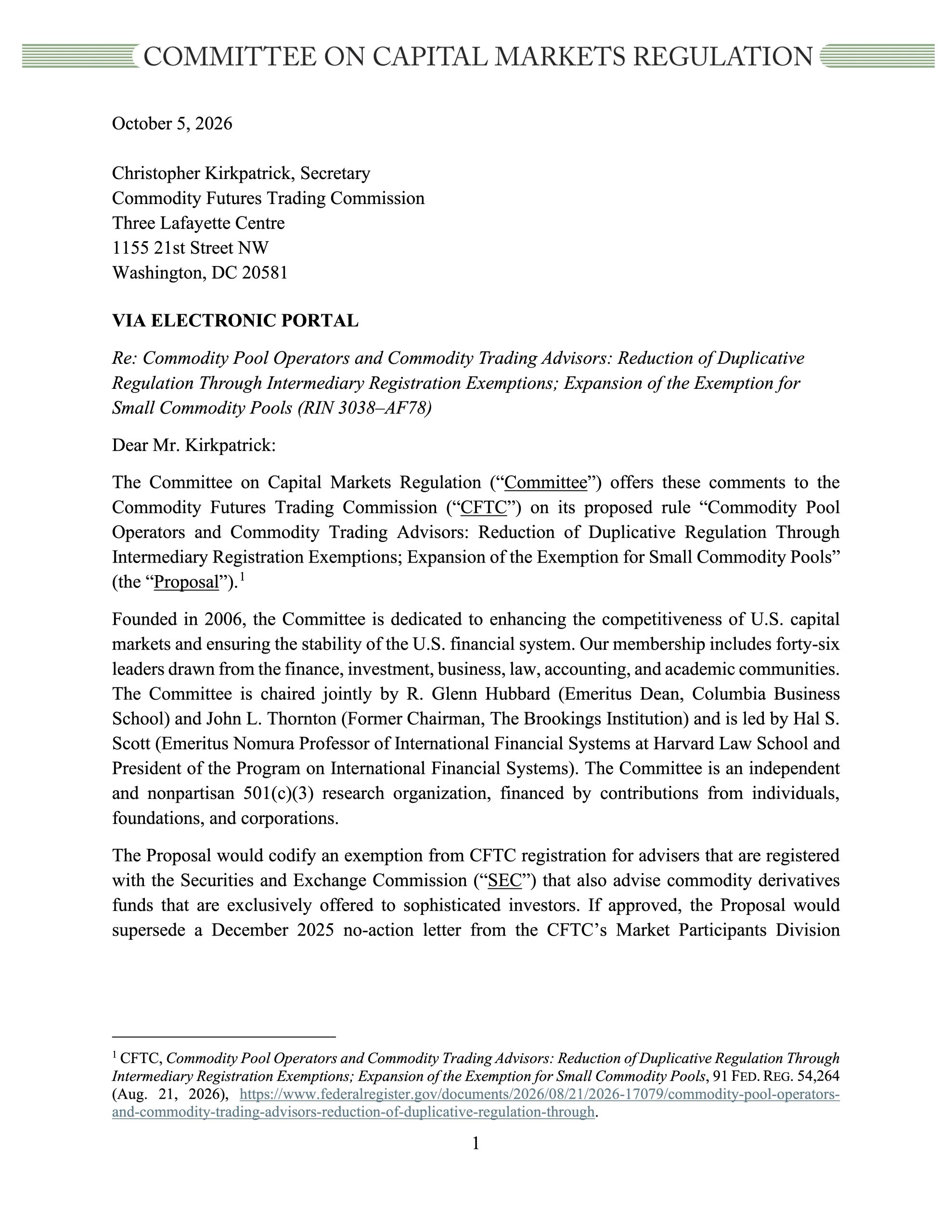 Comment Letter to CFTC on Proposal to End Dual Registration for Private Fund Advisers