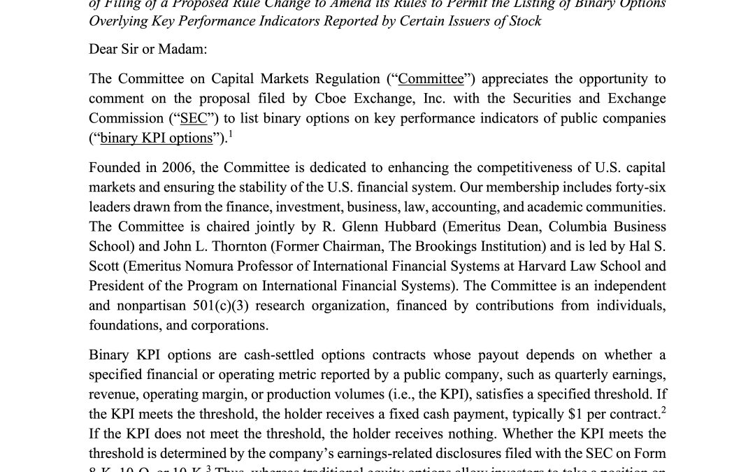 Comment Letter to SEC on Cboe Proposal to List Binary KPI Options