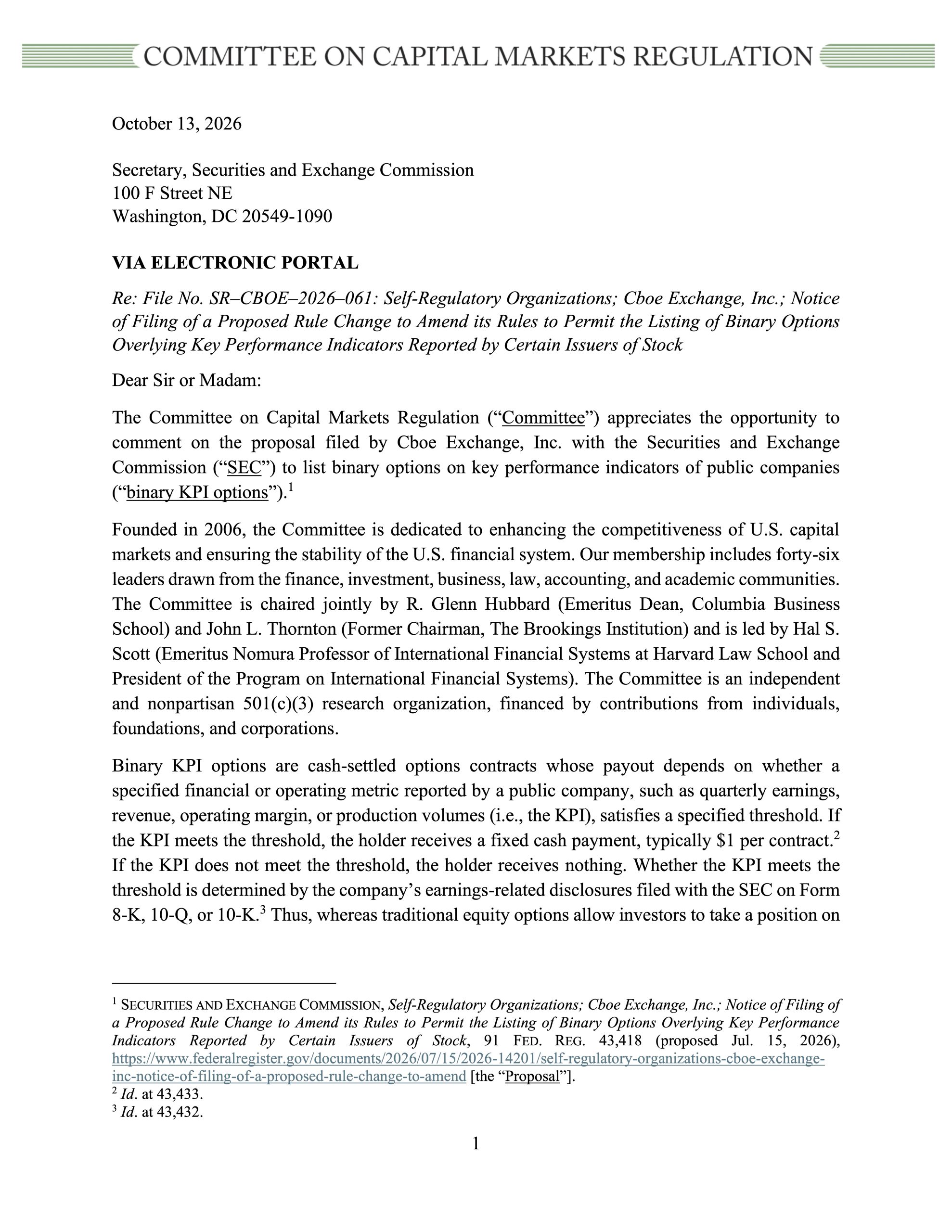 Comment Letter to SEC on Cboe Proposal to List Binary KPI Options